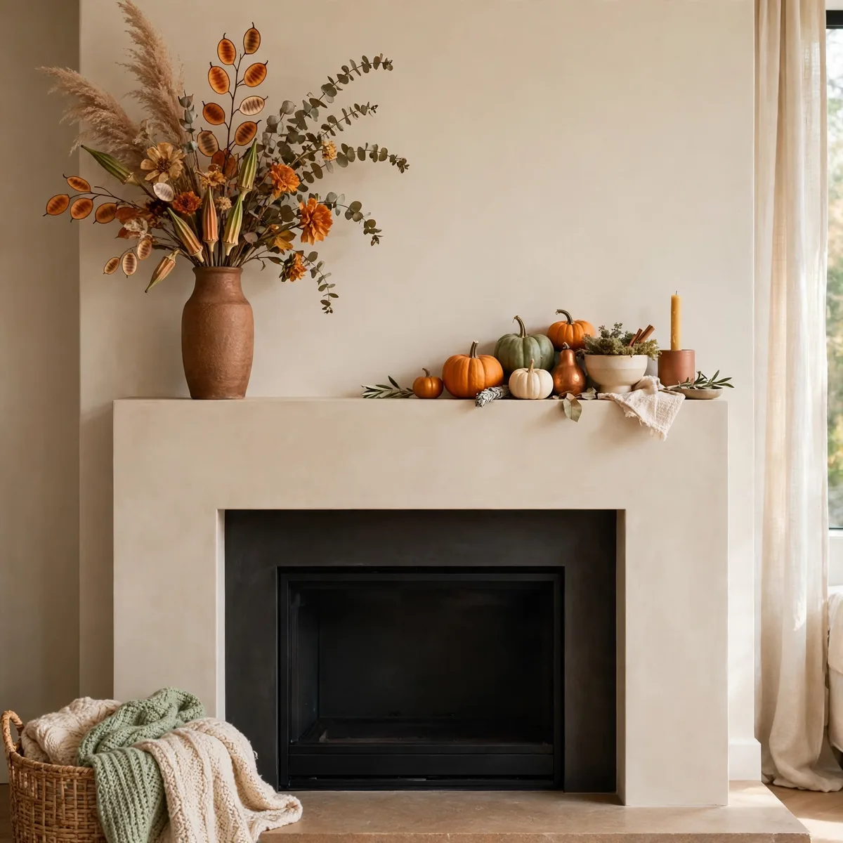 Modern Thanksgiving Decor: 12 Fresh Ideas for a Warm and Current Holiday 11 modern thanksgiving decor - Modern fireplace mantel with asymmetrical dried florals and small pumpkins