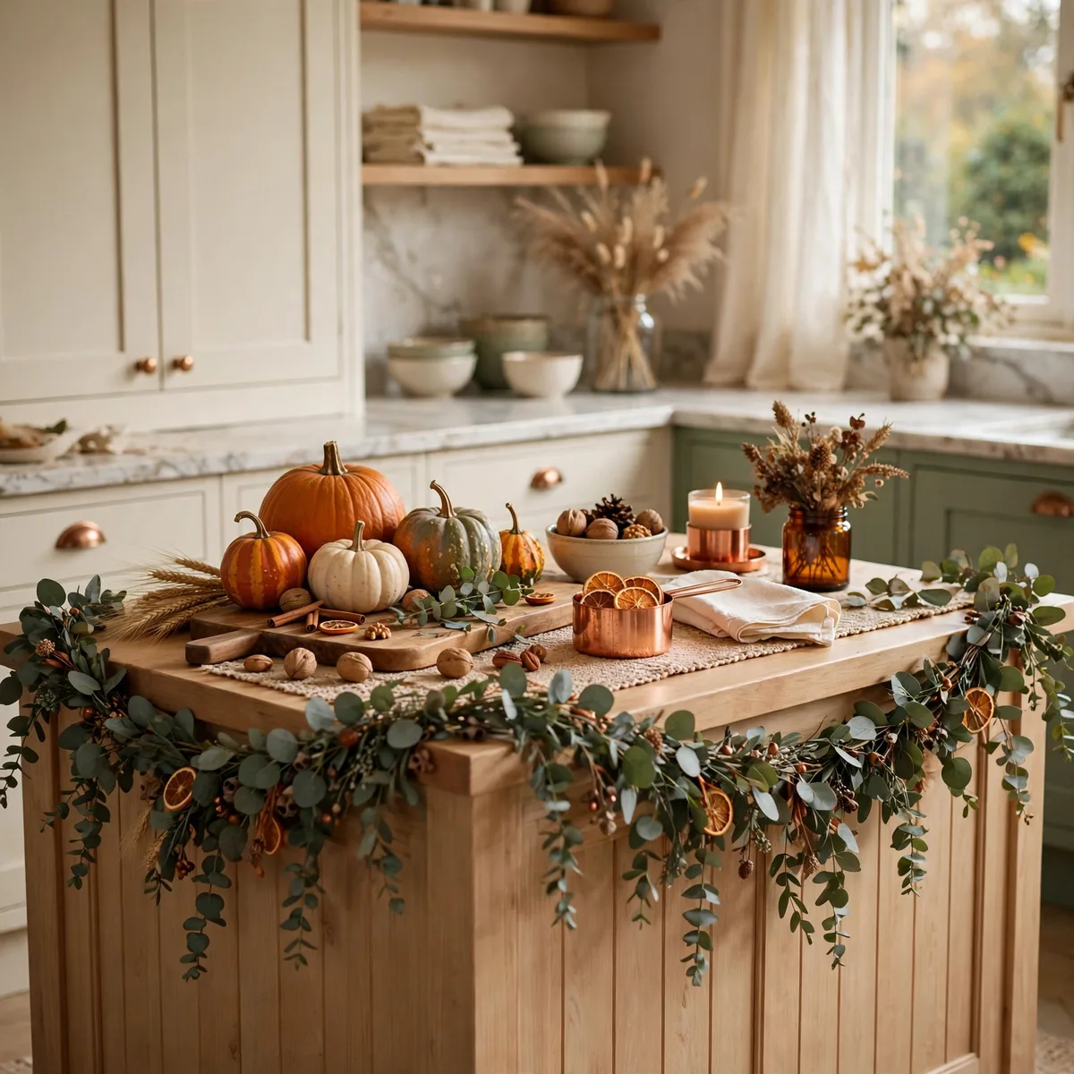 Modern Thanksgiving Decor: 12 Fresh Ideas for a Warm and Current Holiday 12 modern thanksgiving decor - Kitchen island styled for Thanksgiving with wooden board, pumpkins, and eucalyptus garland
