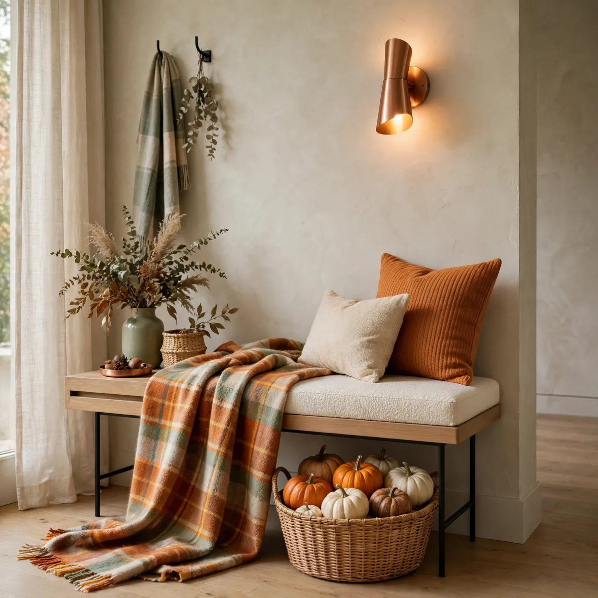 Modern Thanksgiving Decor: 12 Fresh Ideas for a Warm and Current Holiday 13 modern thanksgiving decor - Modern entryway bench with plaid wool throw and basket of small pumpkins