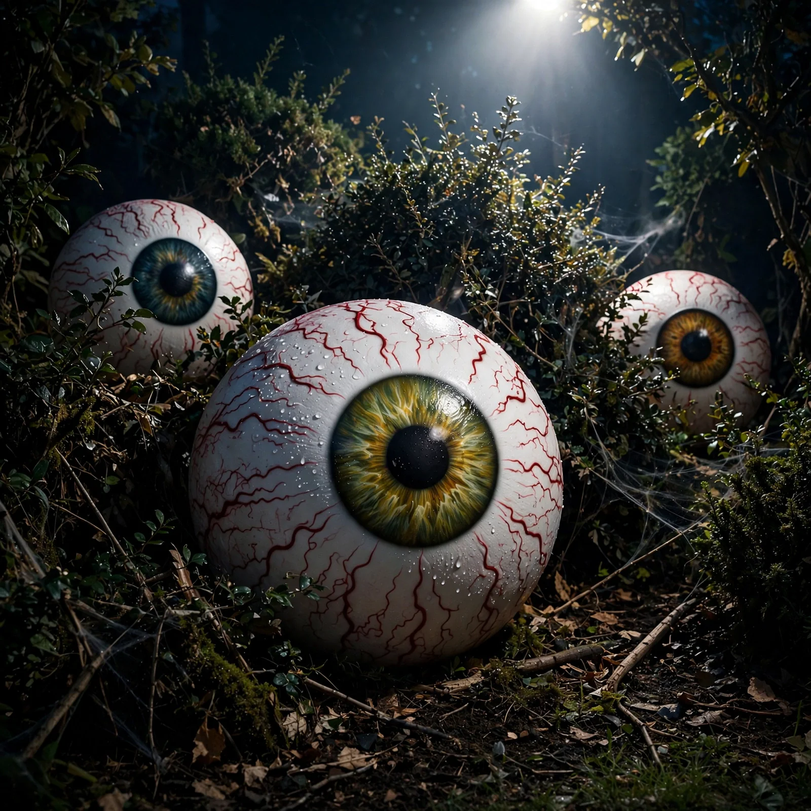 12 Pool Noodle Halloween Decor Ideas That Look Fancy 9 Giant painted eyeball spheres nestled in garden bushes at night, creepy pool noodle Halloween decor