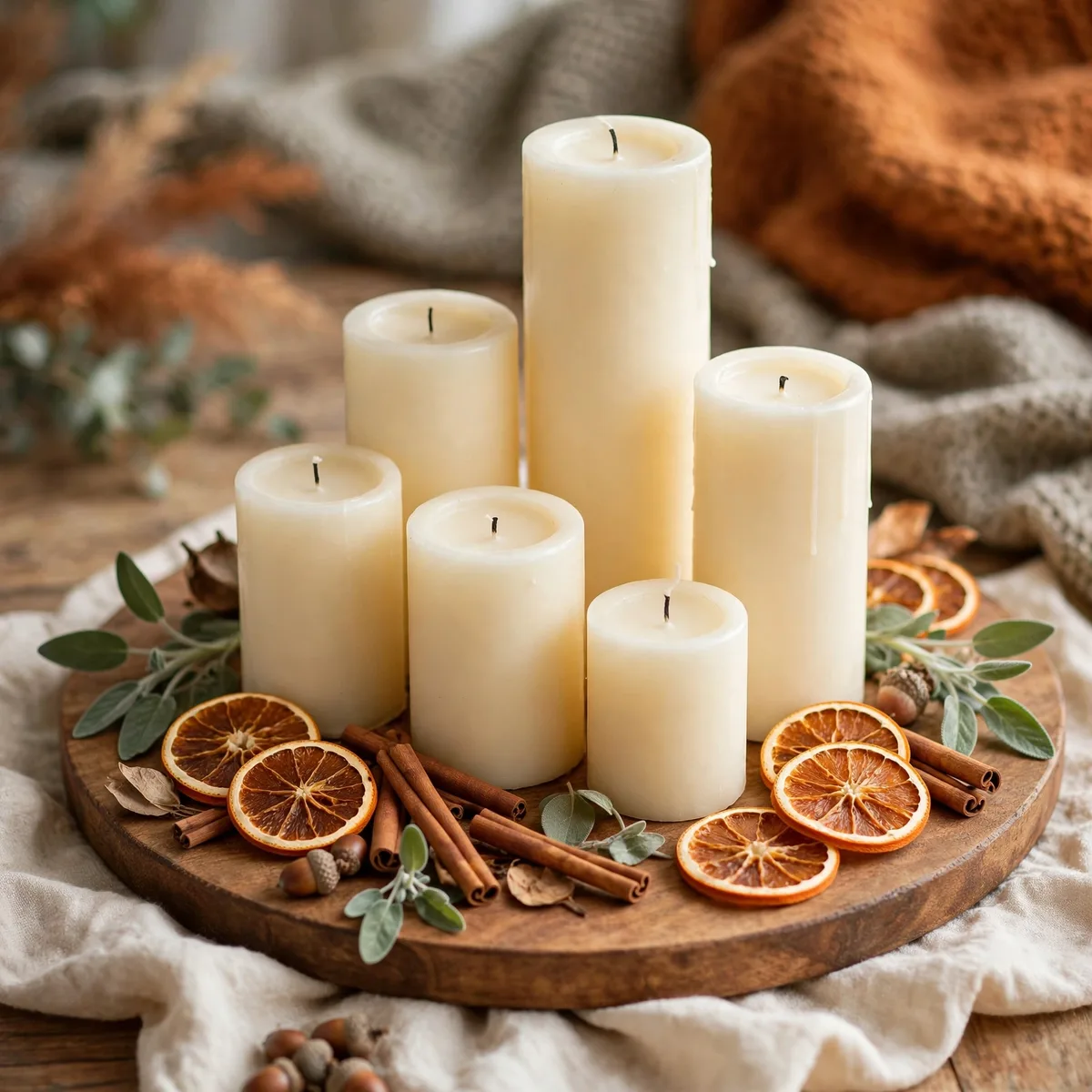 Thanksgiving Candle Decor Ideas: 12 Glowing Ways to Set the Mood 2 thanksgiving candle decor ideas - Cluster of ivory pillar candles on a round wooden tray with dried orange slices and cinnamo