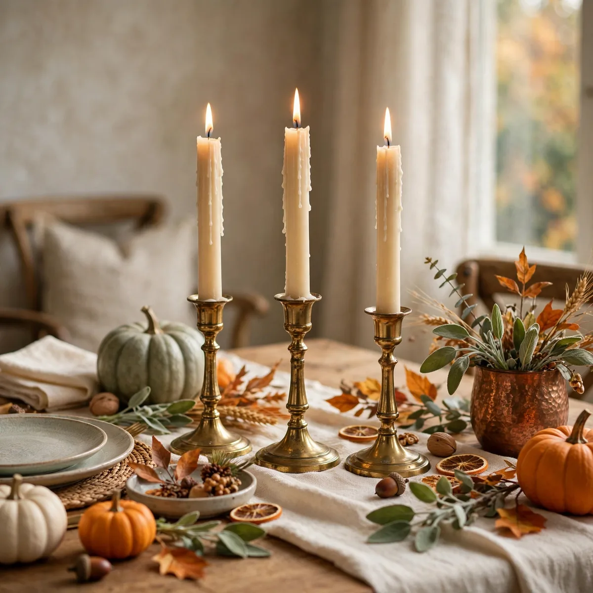 Thanksgiving Candle Decor Ideas: 12 Glowing Ways to Set the Mood 3 thanksgiving candle decor ideas - Elegant brass taper candle holders with cream candles on a Thanksgiving dining table