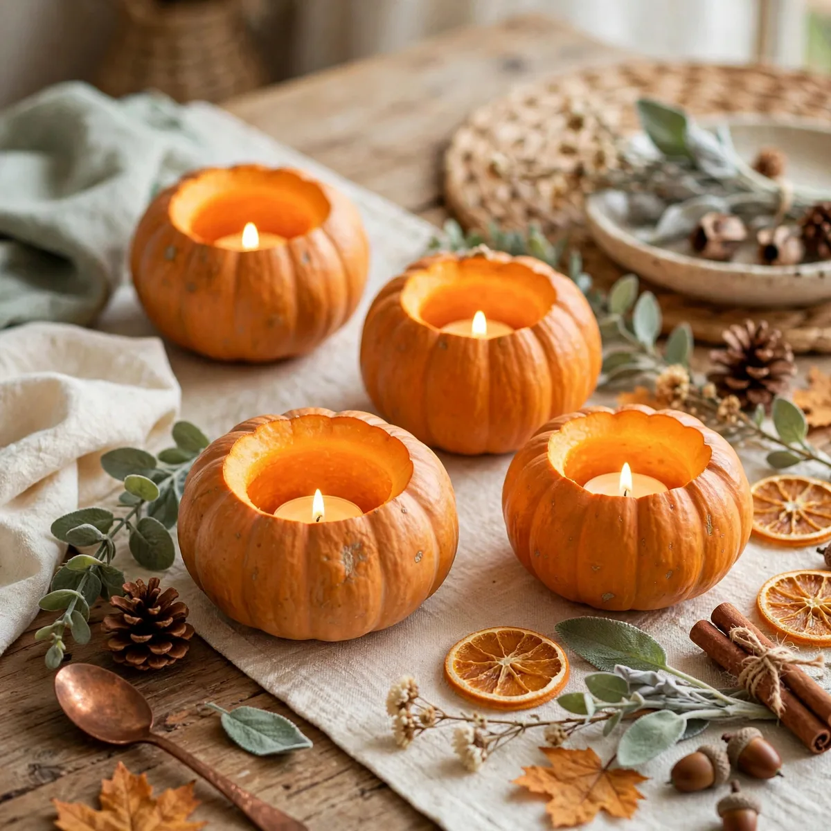 Thanksgiving Candle Decor Ideas: 12 Glowing Ways to Set the Mood 4 thanksgiving candle decor ideas - Small hollowed pumpkins used as candle holders with glowing tea lights for Thanksgiving