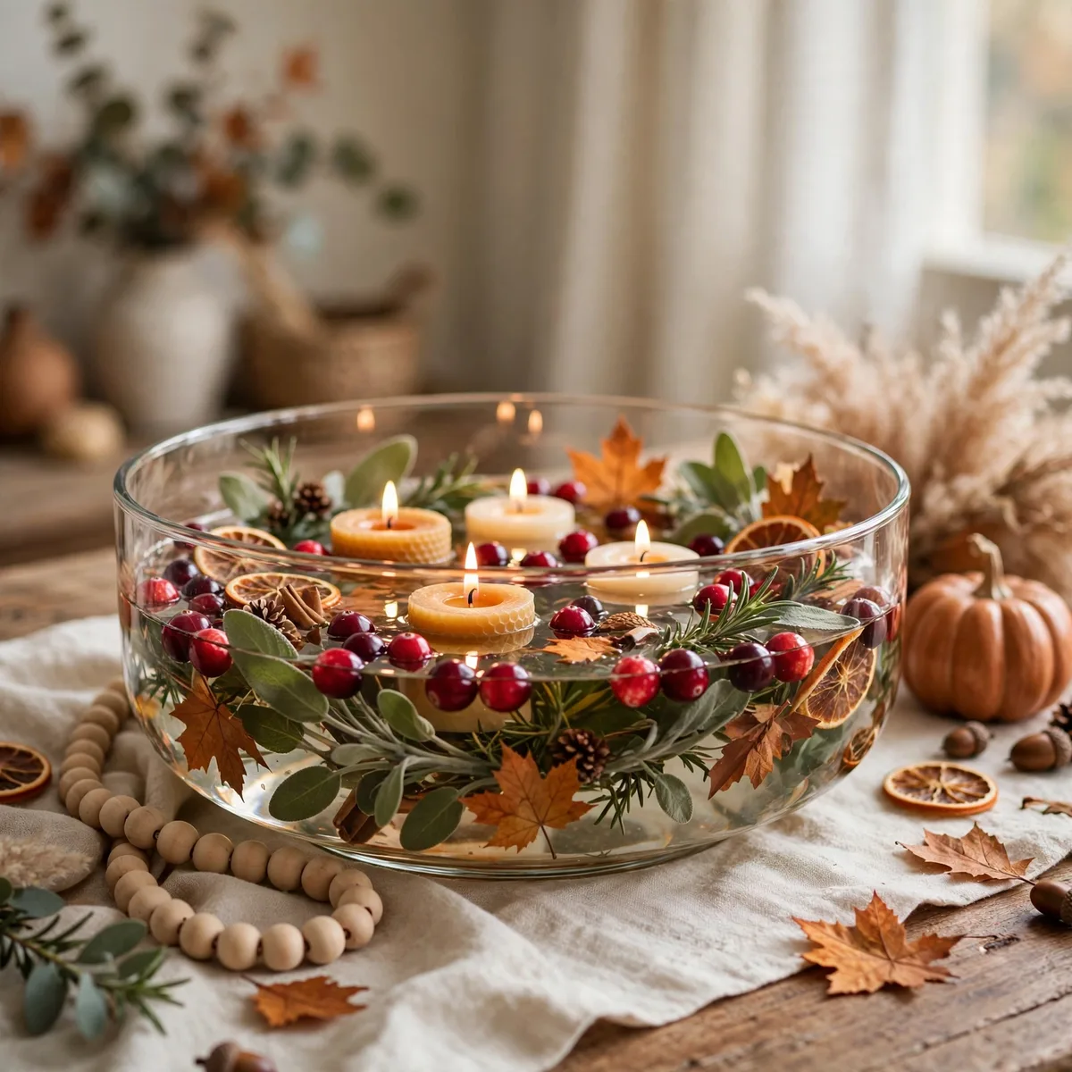 Thanksgiving Candle Decor Ideas: 12 Glowing Ways to Set the Mood 5 thanksgiving candle decor ideas - Wide glass bowl with floating candles, cranberries, and greenery as a Thanksgiving centerpi