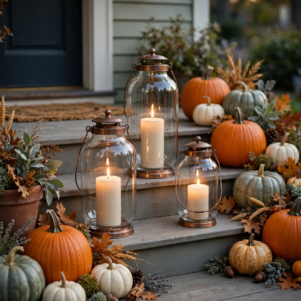 Thanksgiving Candle Decor Ideas: 12 Glowing Ways to Set the Mood 6 thanksgiving candle decor ideas - Glass hurricane lanterns with pillar candles on porch steps with pumpkins at dusk