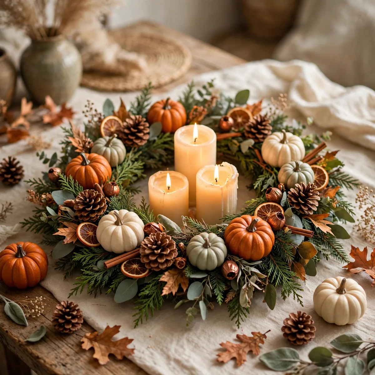 Thanksgiving Candle Decor Ideas: 12 Glowing Ways to Set the Mood 7 thanksgiving candle decor ideas - Round candle wreath centerpiece with small pumpkins and pinecones around glowing pillar can