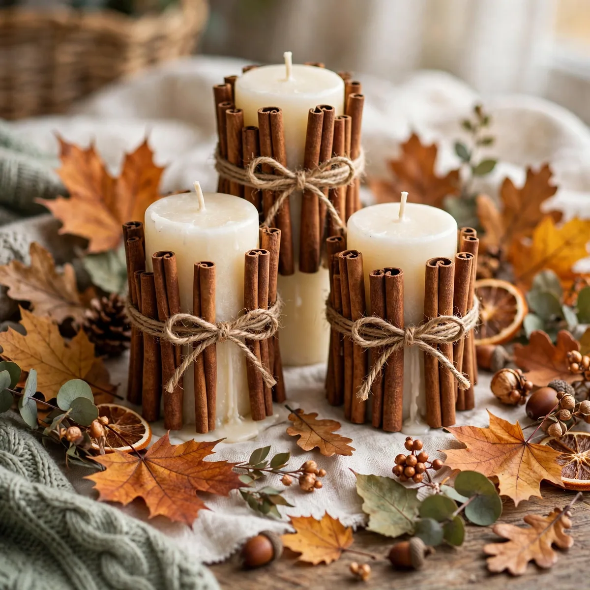 Thanksgiving Candle Decor Ideas: 12 Glowing Ways to Set the Mood 8 thanksgiving candle decor ideas - Pillar candles wrapped with cinnamon sticks tied with twine and fall leaves for Thanksgivin