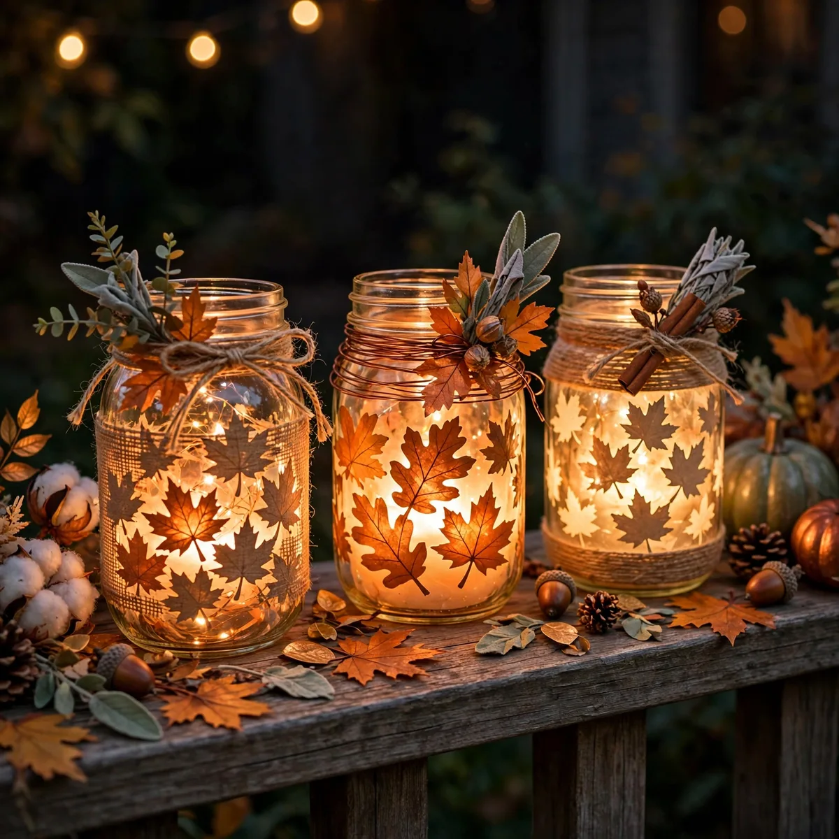 Thanksgiving Candle Decor Ideas: 12 Glowing Ways to Set the Mood 9 thanksgiving candle decor ideas - Mason jar luminaries with fall leaf cutouts glowing on a porch railing at night