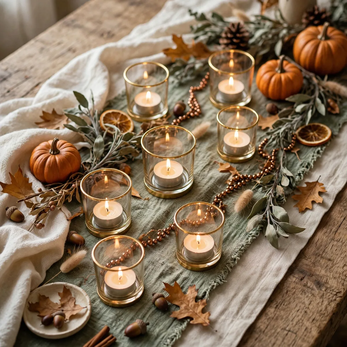 Thanksgiving Candle Decor Ideas: 12 Glowing Ways to Set the Mood 10 thanksgiving candle decor ideas - Gold-rimmed glass votive holders with tea lights along a Thanksgiving table runner
