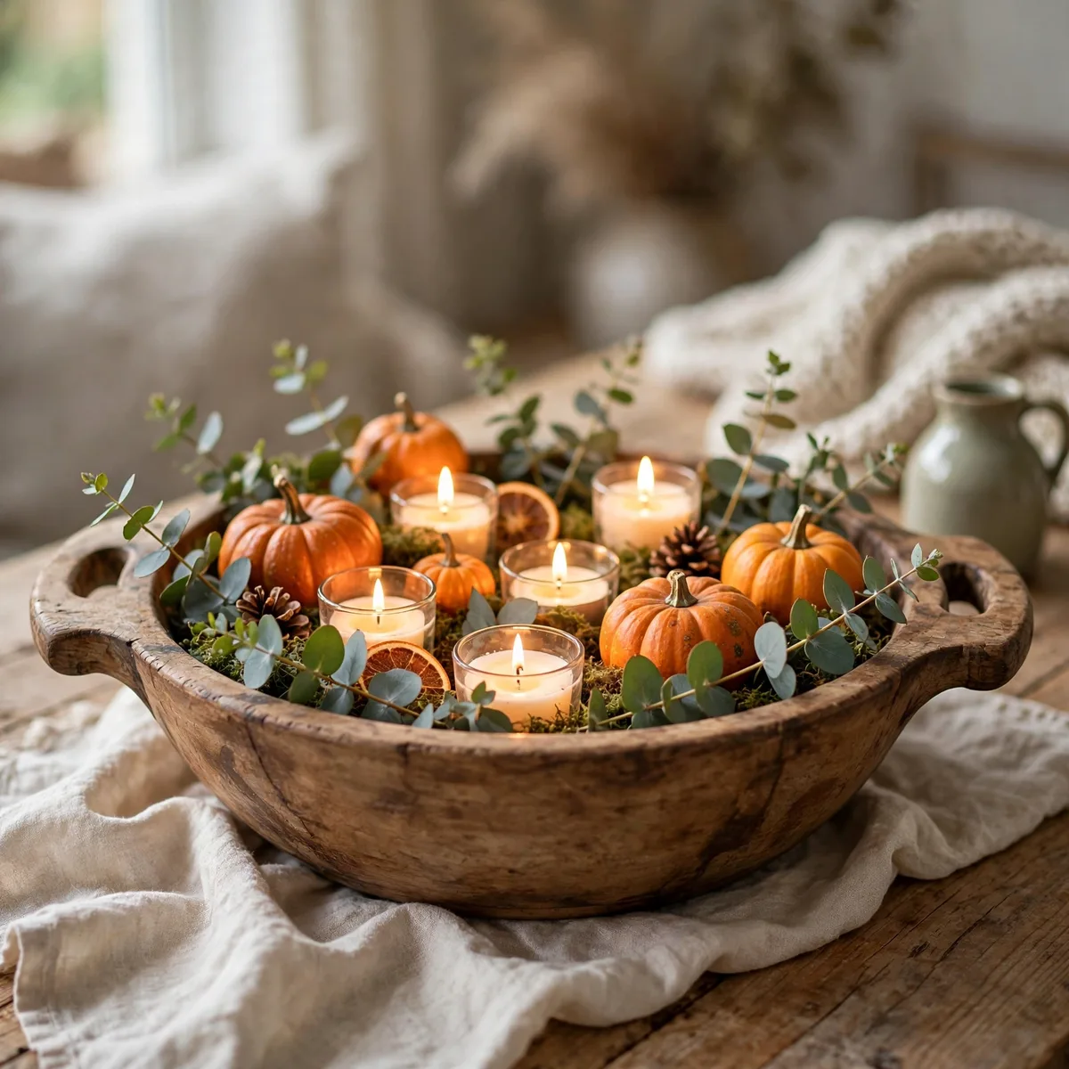 Thanksgiving Candle Decor Ideas: 12 Glowing Ways to Set the Mood 11 thanksgiving candle decor ideas - Wooden dough bowl filled with small candles, eucalyptus sprigs, and mini pumpkins glowing
