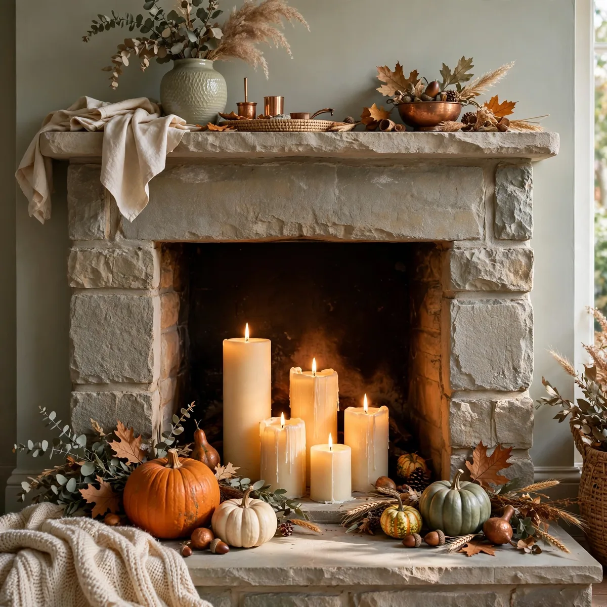 Thanksgiving Candle Decor Ideas: 12 Glowing Ways to Set the Mood 12 thanksgiving candle decor ideas - Unlit fireplace styled with glowing pillar candles of different heights and pumpkins on the