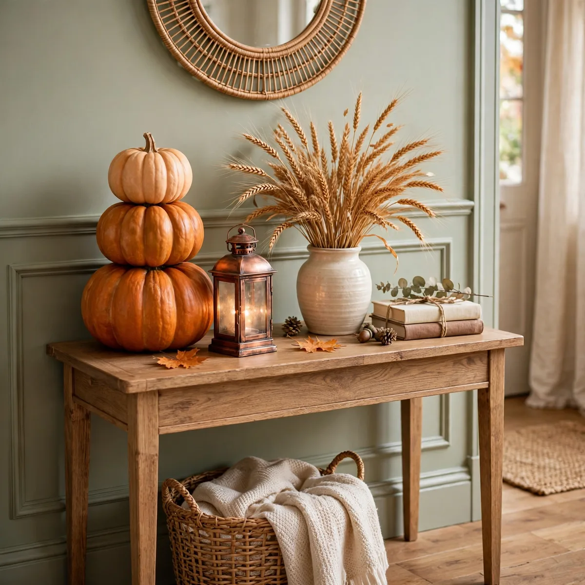 Thanksgiving Entryway Decor: 12 Welcoming Ideas Guests Will Love 2 thanksgiving entryway decor - Entryway console table vignette with stacked pumpkins, a lantern, and dried wheat for Thanksgiv