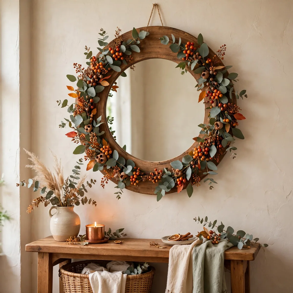 Thanksgiving Entryway Decor: 12 Welcoming Ideas Guests Will Love 3 thanksgiving entryway decor - Round wooden mirror with a eucalyptus and berry fall wreath in a Thanksgiving entryway