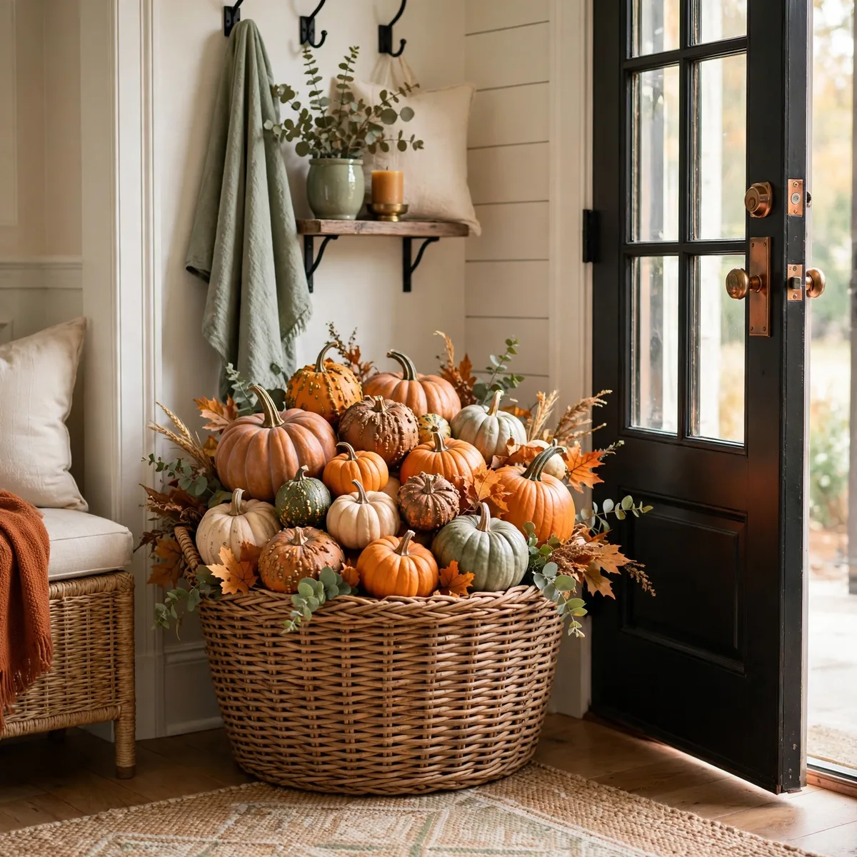 Thanksgiving Entryway Decor: 12 Welcoming Ideas Guests Will Love 4 thanksgiving entryway decor - Large woven basket filled with pumpkins and gourds beside a front door in an entryway