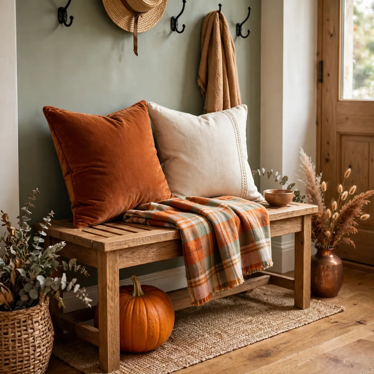 Thanksgiving Entryway Decor: 12 Welcoming Ideas Guests Will Love 5 thanksgiving entryway decor - Entryway bench with rust and cream fall throw pillows and a folded plaid blanket