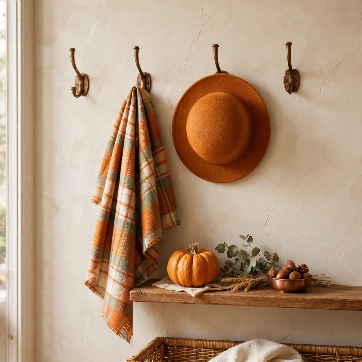 Thanksgiving Entryway Decor: 12 Welcoming Ideas Guests Will Love 6 thanksgiving entryway decor - Wall-mounted coat hooks with a plaid scarf and felt hat and a small pumpkin on the shelf below