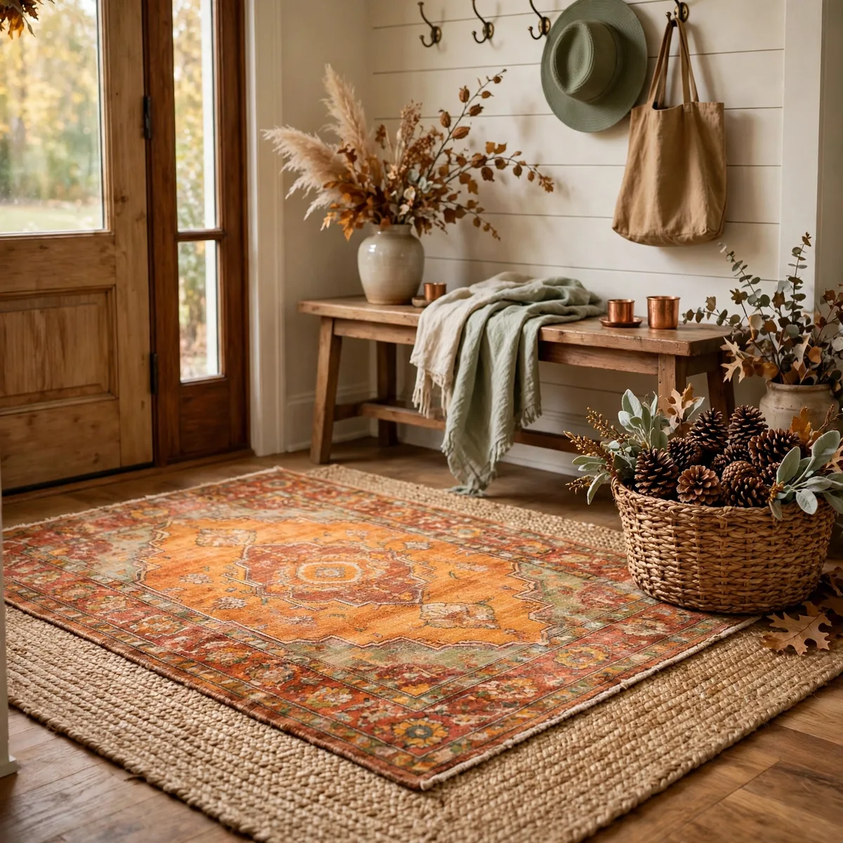 Thanksgiving Entryway Decor: 12 Welcoming Ideas Guests Will Love 7 thanksgiving entryway decor - Layered rugs in an entryway with a jute rug under a vintage-style fall rug and a basket of pine