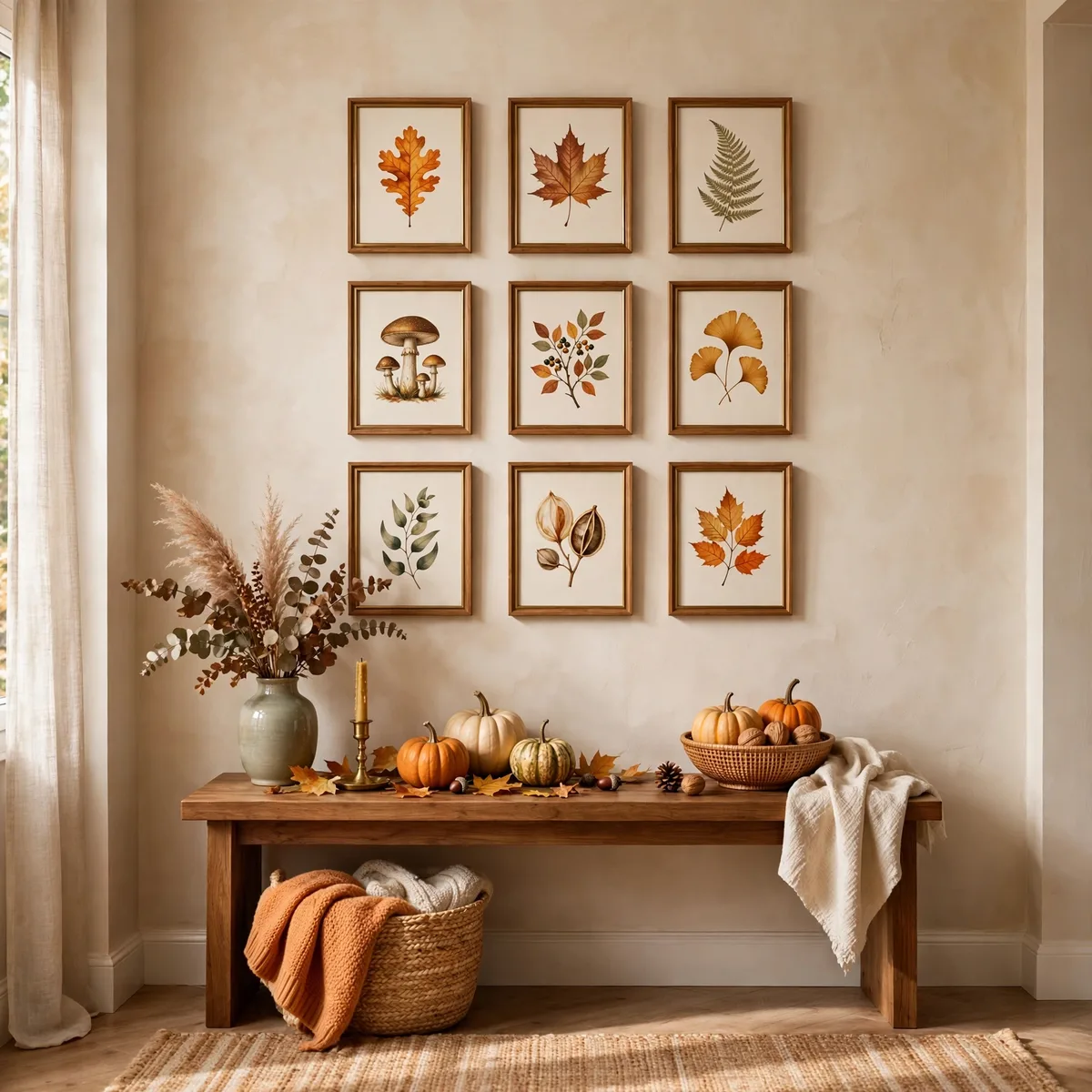 Thanksgiving Entryway Decor: 12 Welcoming Ideas Guests Will Love 8 thanksgiving entryway decor - Gallery wall of small framed autumn botanical prints above an entryway console with pumpkins