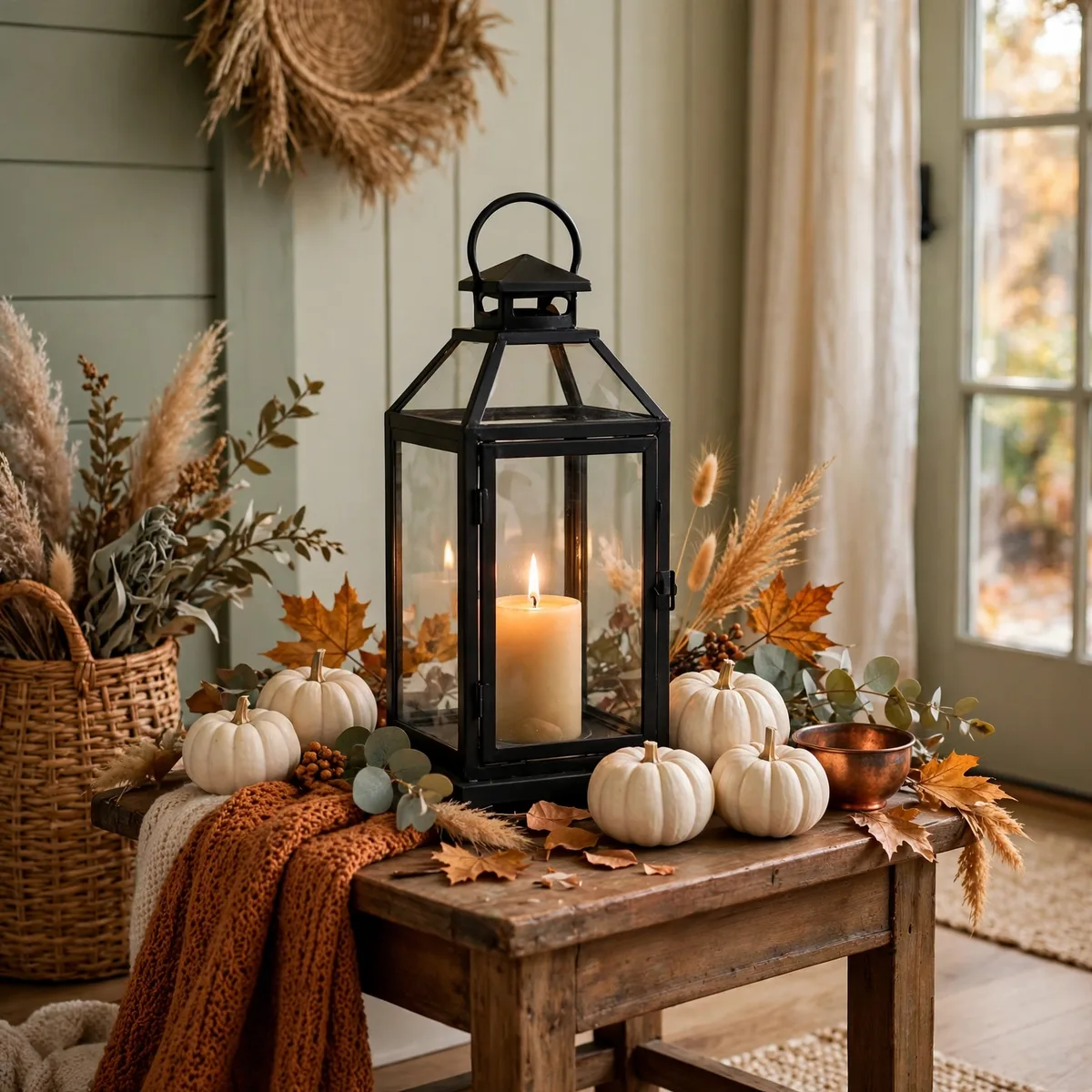 Thanksgiving Entryway Decor: 12 Welcoming Ideas Guests Will Love 9 thanksgiving entryway decor - Black metal lantern with a glowing candle on an entryway side table with small white pumpkins
