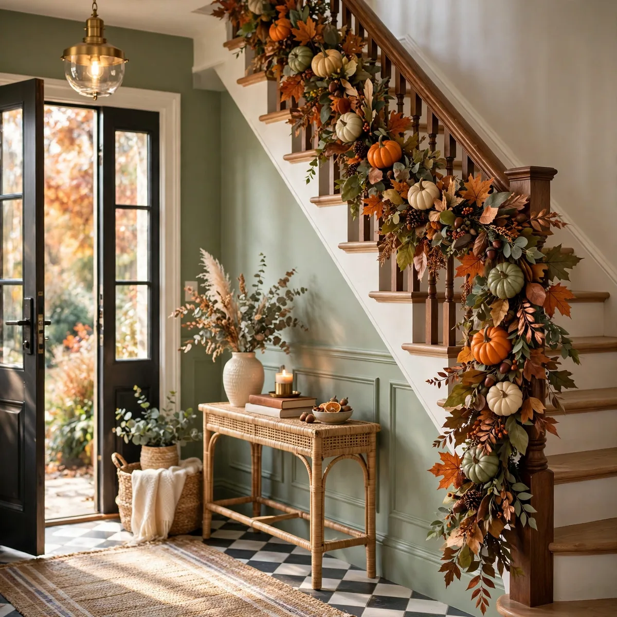 Thanksgiving Entryway Decor: 12 Welcoming Ideas Guests Will Love 10 thanksgiving entryway decor - Staircase banister draped with a fall garland of leaves and mini pumpkins in an entryway