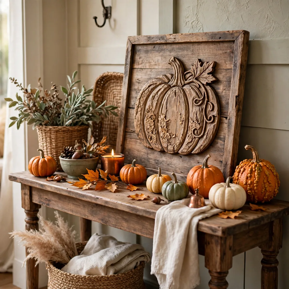 Thanksgiving Entryway Decor: 12 Welcoming Ideas Guests Will Love 11 thanksgiving entryway decor - Rustic wooden sign with a carved pumpkin motif leaning on an entryway console with gourds