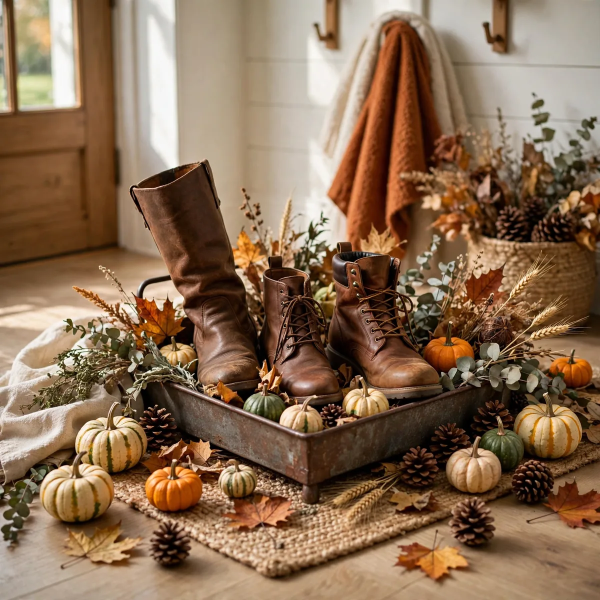 Thanksgiving Entryway Decor: 12 Welcoming Ideas Guests Will Love 12 thanksgiving entryway decor - Boot tray in an entryway styled with small gourds, pinecones, and dried leaves around boots