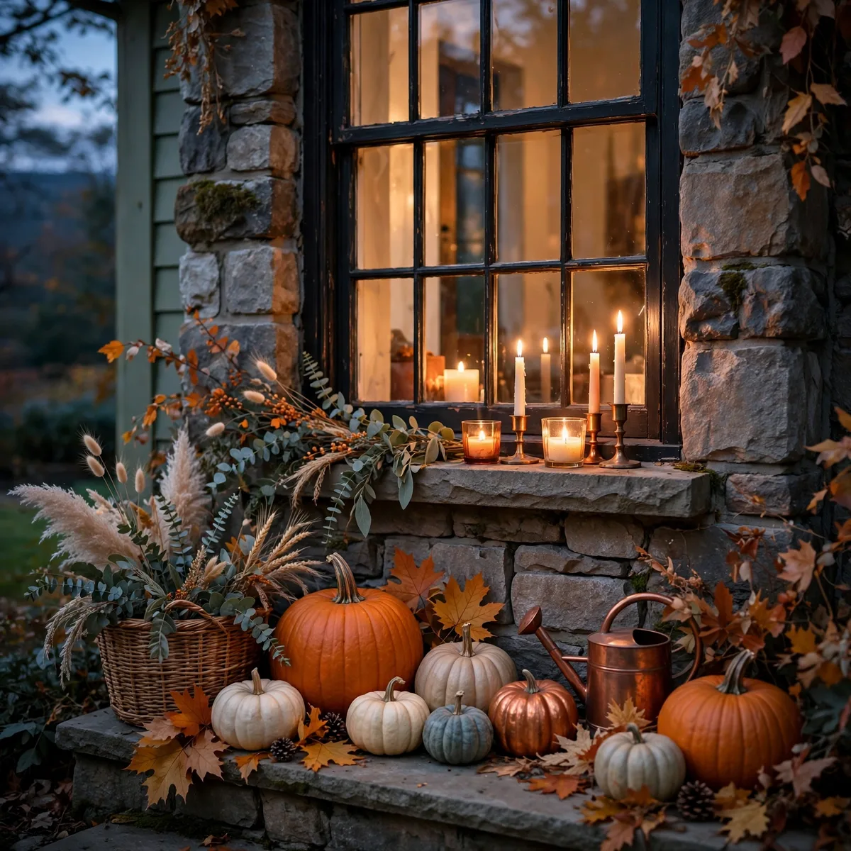Thanksgiving Entryway Decor: 12 Welcoming Ideas Guests Will Love 13 thanksgiving entryway decor - Entryway window at dusk with glowing candles on the sill and pumpkins below for Thanksgiving